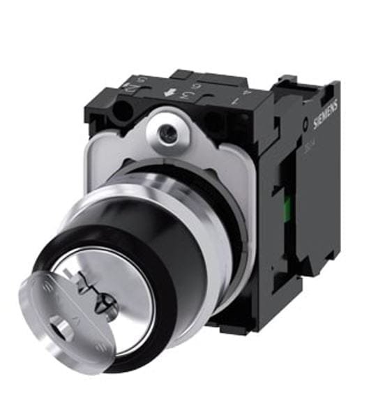 3SU1150-4BF11-1BA0, SELECTOR METALICO MANETA CORTA, 0-1, 2 POSICIONES FIJAS, 1NA, DIAM. 22MM C/ LLAVE – 3SU1150-4BF11-1BA0