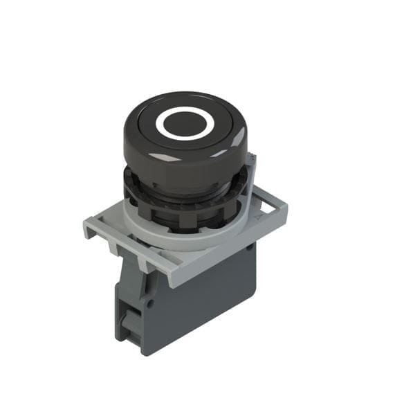 E2 AC-DXBC1227, PULSADOR PLASTICO RASANTE NEGRO «O» 1NC, DIAM. 22MM – E2 AC-DXBC1227