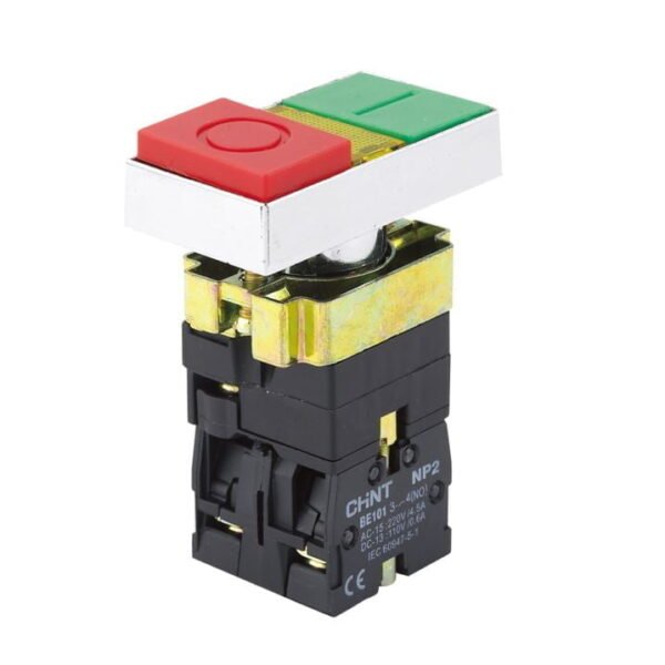 NP2-BW8465 230V LED, PULSADOR DOBLE METALICO ROJO SALIENTE(STOP) + VERDE RASANTE(START) + LED AMARILLO 230V, 1NA+1NC – NP2-BW8465 230V LED