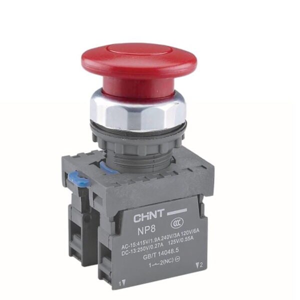 NP8-01ZS/24, PULSADOR PLASTICO DE EMERGENCIA ROJO TIPO HONGO, CABEZAL 60MM, DIAM. 22MM, 1NC, C/ RETENCIÓN – NP8-01ZS/24