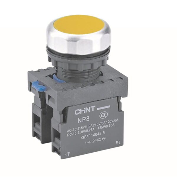 NP8-11BN/5, PULSADOR PLASTICO RASANTE AMARILLO, 1NA+1NC, DIAM. 22MM – NP8-11BN/5