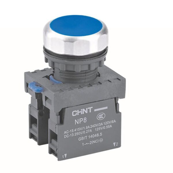 NP8-11BN/6, PULSADOR PLASTICO RASANTE AZUL, 1NA+1NC, DIAM. 22MM – NP8-11BN/6