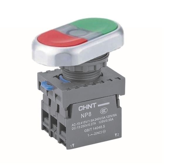 NP8-11SD 110-220VAC LED, PULSADOR DOBLE PLASTICO ROJO(STOP) + VERDE(START) + LED AMARILLO 110-220VAC, 1NA+1NC – NP8-11SD 110-220VAC LED