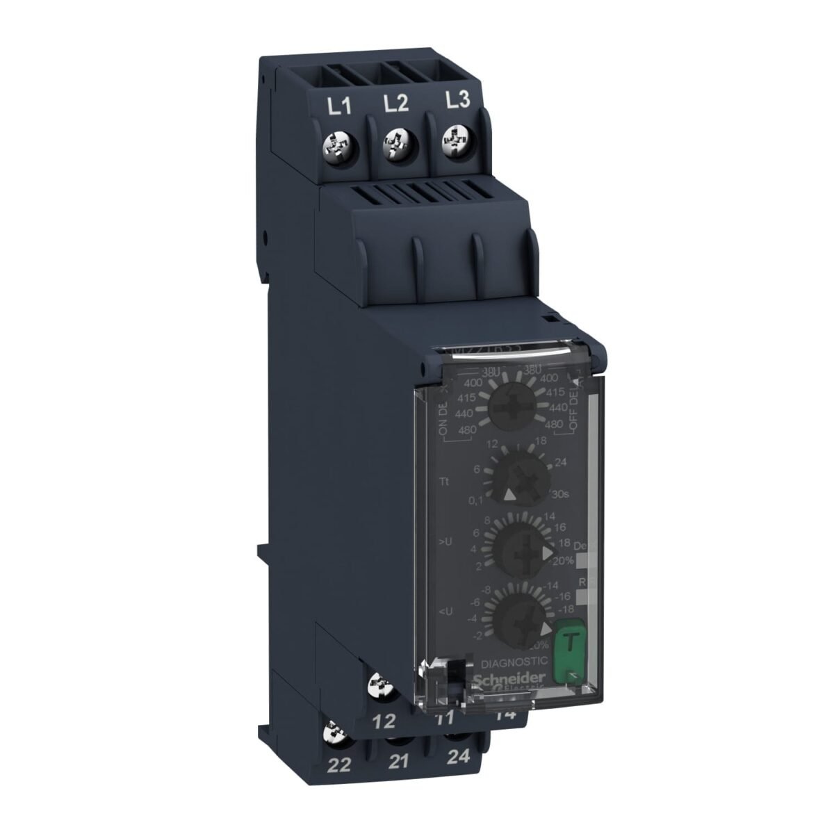 RM22TR33, RELE DE CONTROL TRIFASICO, TIEMPO 0.1-30S, SAL: 2NA/NC 5A, 380-480VAC, IP50 – RM22TR33