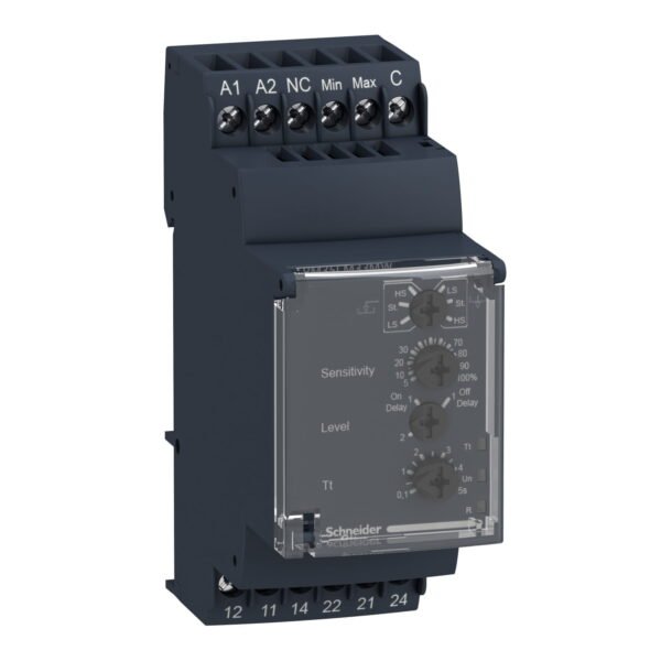 RM35LM33MW, RELE DE CONTROL DE NIVEL 250 Ohm-1 MOhm, TIEMPO 0.1-5S, SAL: 2NA/NC 5A, 24-240VAC/VDC, IP30 – RM35LM33MW
