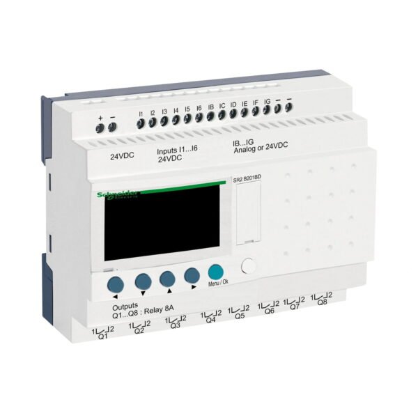 SR2B201BD, PLC ZELIO COMPACTO SR2, 12DI/6AI, 8DO, 24VDC, IP40 C/ RELOJ – SR2B201BD