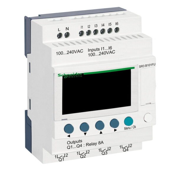 SR3B101FU, PLC ZELIO MODULAR SR3, 6DI, 4DO, 100-240VAC, IP40 C/ RELOJ – SR3B101FU