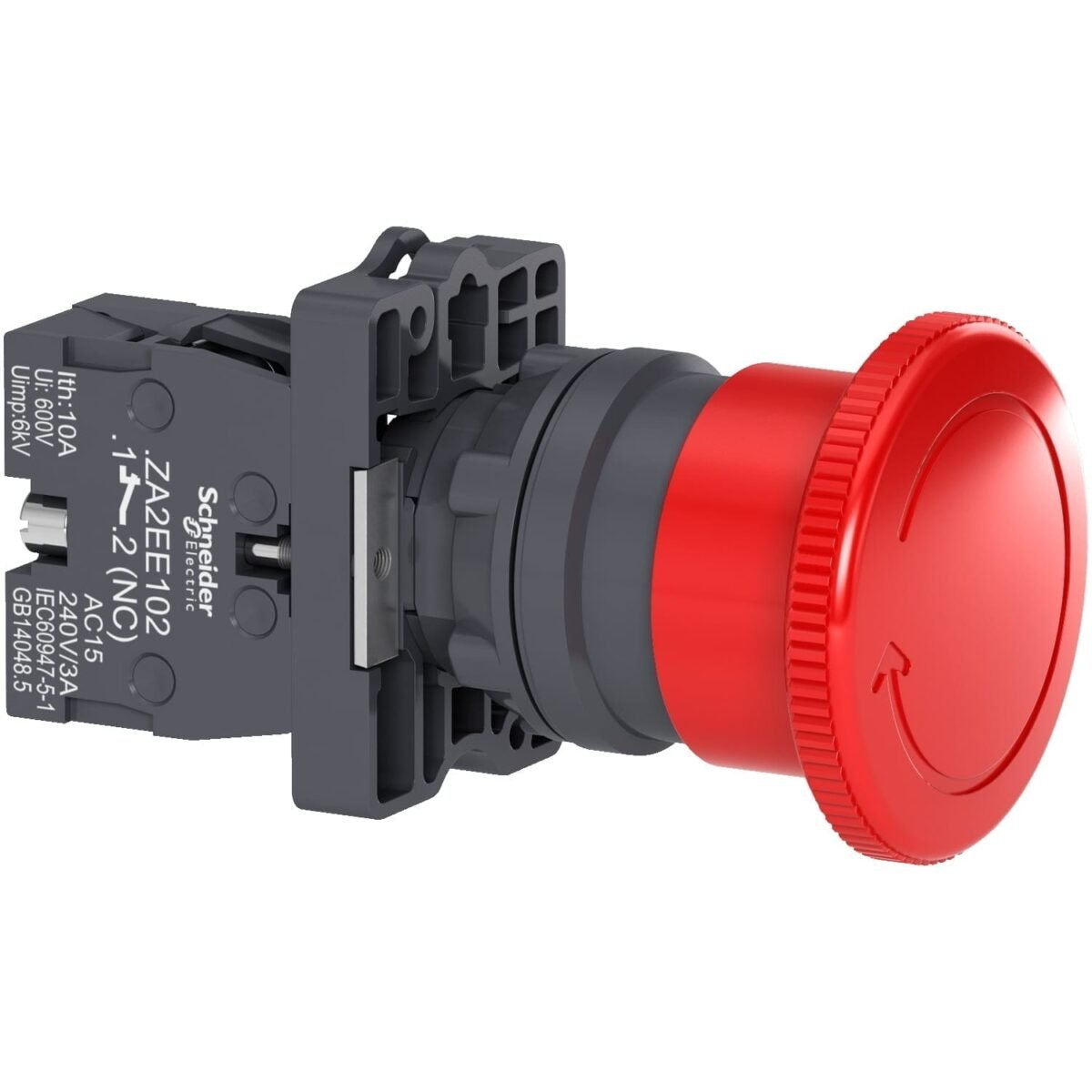 XA2ES542, PULSADOR DE EMERGENCIA ROJO TIPO HONGO, CABEZAL 40MM, DIAM. 22MM, 1NC, DESBLOQUEO POR GIRO, IP65 – XA2ES542