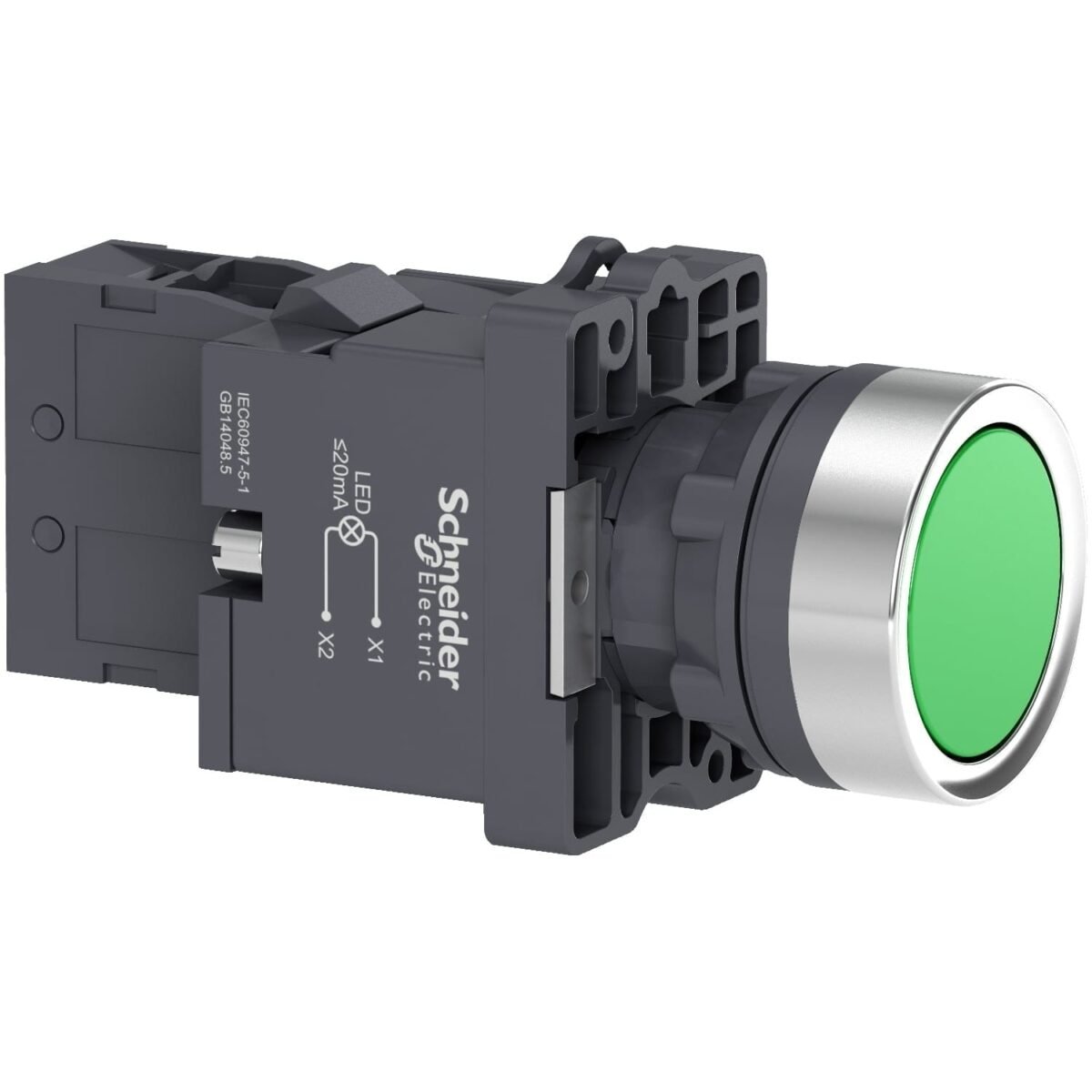 XA2EW33M1, PULSADOR PLASTICO LUMINOSO RASANTE VERDE 1NA DIAM. 22MM, LED 220VAC, IP65 – XA2EW33M1