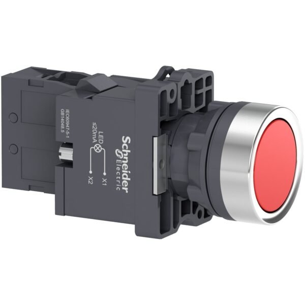 XA2EW34M1, PULSADOR PLASTICO LUMINOSO RASANTE ROJO 1NC DIAM. 22MM, LED 220VAC, IP65 – XA2EW34M1