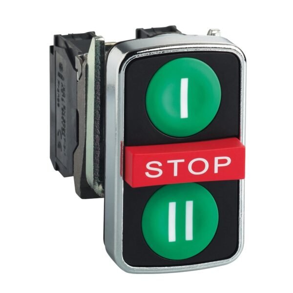 XB4BA731327, PULSADOR TRIPLE METALICO 2 VERDE RASANTE(START I-II) + 1 ROJO SALIENTE(STOP), 2NA+1NC – XB4BA731327