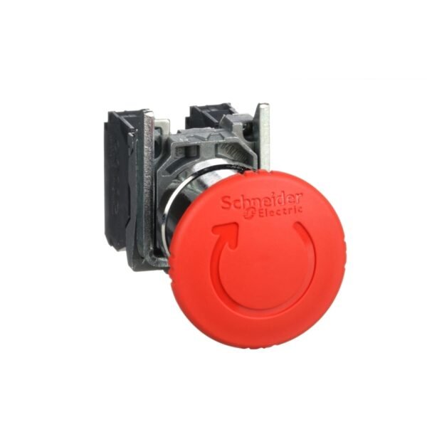 XB4BS8445, PULSADOR DE EMERGENCIA METALICO ROJO TIPO HONGO, CABEZAL 40MM, DIAM. 22MM, 1NA+1NC, DESBLOQUEO POR GIRO – XB4BS8445