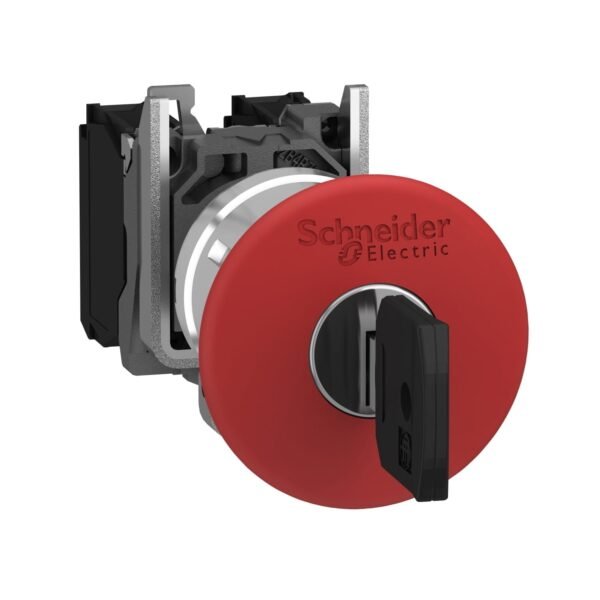 XB4BS9445, PULSADOR DE EMERGENCIA METALICO ROJO TIPO HONGO, CABEZAL 40MM, DIAM. 22MM, 1NA+1NC, DESBLOQUEO C/ LLAVE – XB4BS9445