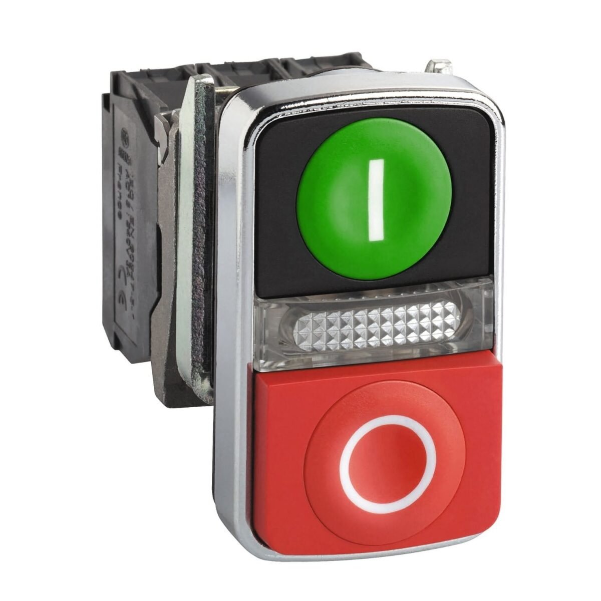 XB4BW73731B5, PULSADOR DOBLE METALICO LUMINOSO ROJO SALIENTE(STOP) + VERDE RASANTE(START) + LED BLANCO 24VDC/AC, 1NA+1NC – XB4BW73731B5
