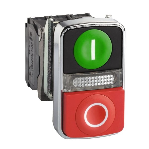 XB4BW73731G5, PULSADOR DOBLE METALICO LUMINOSO ROJO SALIENTE(STOP) + VERDE RASANTE(START) + LED BLANCO 120VAC, 1NA+1NC – XB4BW73731G5