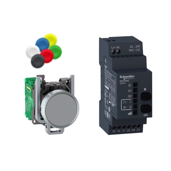 XB4RFA02, PULSADOR METALICO INALAMBRICO + RECEPTOR, DIAM. 22MM, 10 PLAQUETAS DE COLORES, 2NA/NC, 24-240VAC/DC S/ BATERIA – XB4RFA02