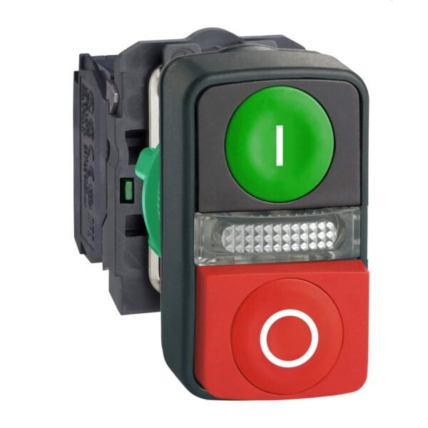 XB5AW73731B5, PULSADOR DOBLE PLASTICO LUMINOSO ROJO SALIENTE(STOP) + VERDE RASANTE(START) + LED AMARILLO 24VDC/AC, 1NA+1NC – XB5AW73731B5