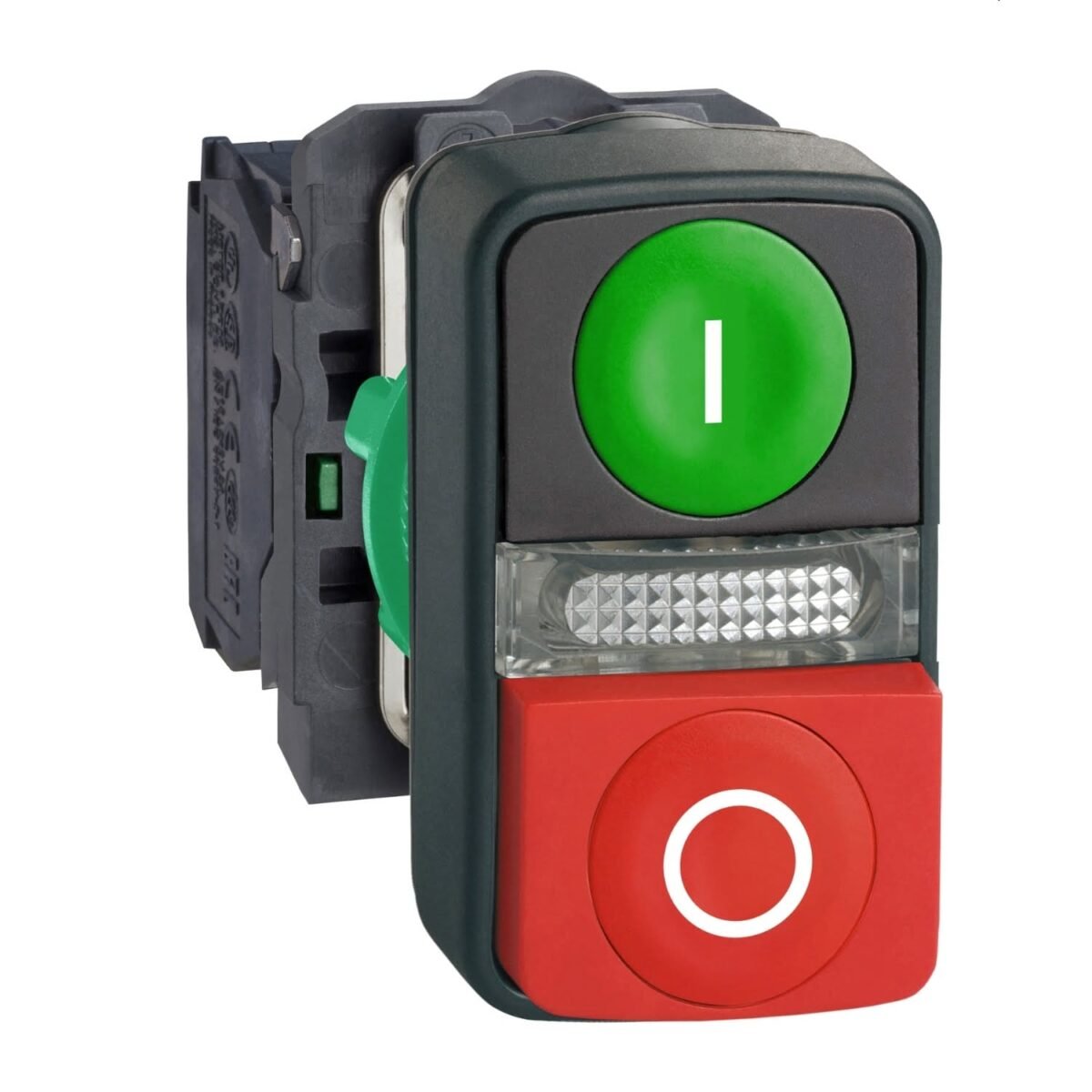 XB5AW73731M5, PULSADOR DOBLE PLASTICO LUMINOSO ROJO SALIENTE(STOP) + VERDE RASANTE(START) + LED AMARILLO 220VAC, 1NA+1NC – XB5AW73731M5