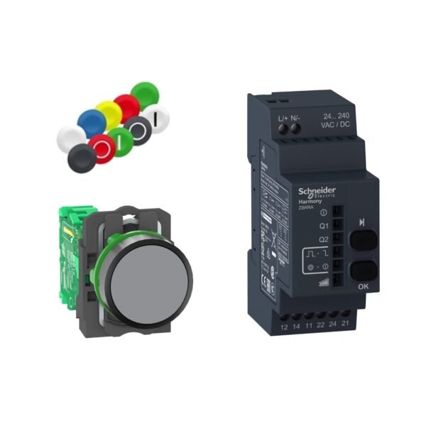 XB5RFA02, PULSADOR METALICO INALAMBRICO + RECEPTOR, DIAM. 22MM, 10 PLAQUETAS DE COLORES, 2BOTONES, 6 LED´S, 24-240VAC/DC S/ BATERIA – XB5RFA02