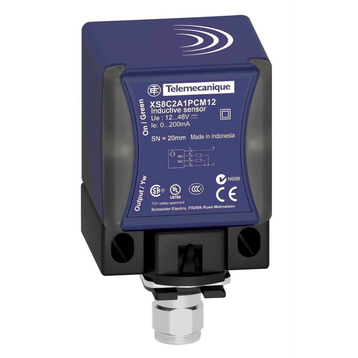 XS8C2A1PCM12, SENSOR INDUCTIVO CUADRADO PLASTICO, ALC. 20MM, PNP 1NA+1NC, 4 HILOS, 12-48VDC, CONEX. M12, IP67/69K – XS8C2A1PCM12