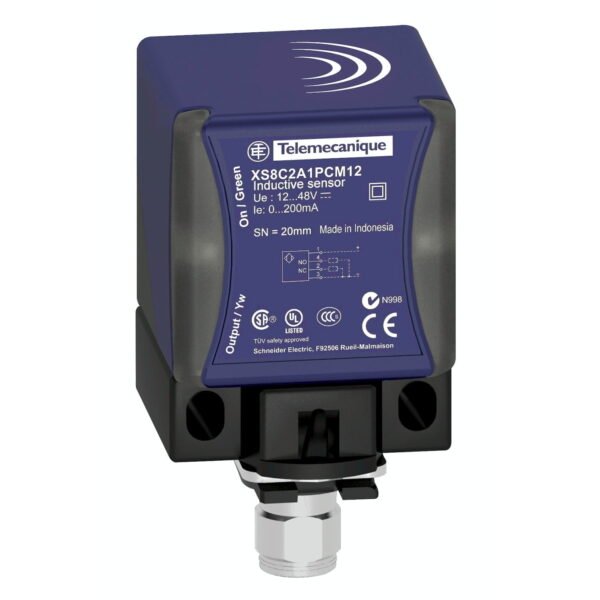 XS8C2A1PCM12, SENSOR INDUCTIVO CUADRADO PLASTICO, ALC. 20MM, PNP 1NA+1NC, 4 HILOS, 12-48VDC, CONEX. M12, IP67/69K – XS8C2A1PCM12