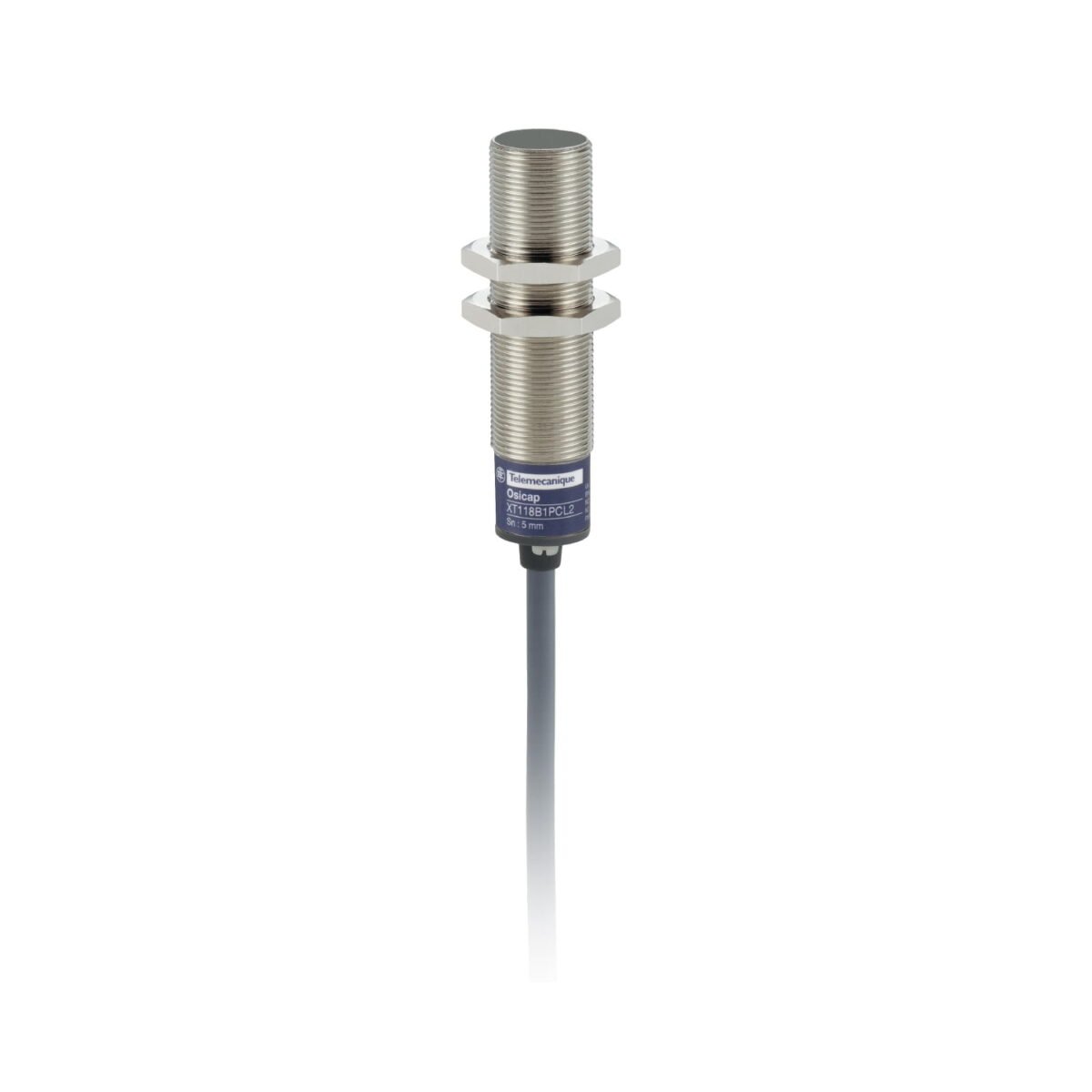 XT118B1PAL2, SENSOR CAPACITIVO RASANTE METALICO M18, ALC. 5MM, PNP NA, 3 HILOS, 24VDC, CABLE 2MT, IP67 – XT118B1PAL2
